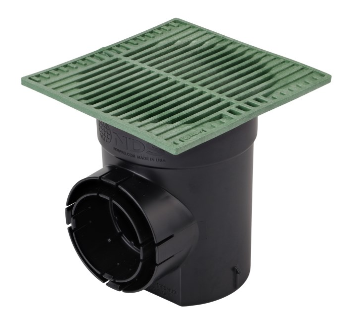 NDS 101SQGRKIT, Spee-D 6" Black Round Catch Basin Drain Kit with Green Plastic Square Grate