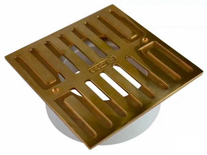 NDS 914PB, 5" Polished Brass Square Grate With Collar, Connects To 3" Pipes And 4" Fittings