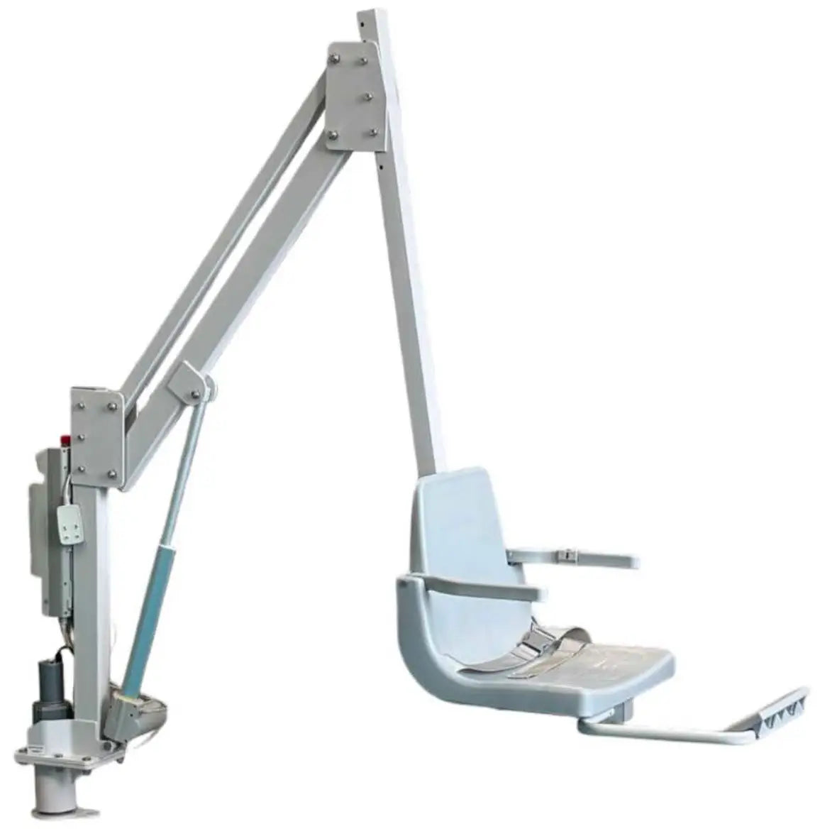Global Pool Products R-450R R450RSL extended reach pool lift with anchor, seat extended over a pool gutter