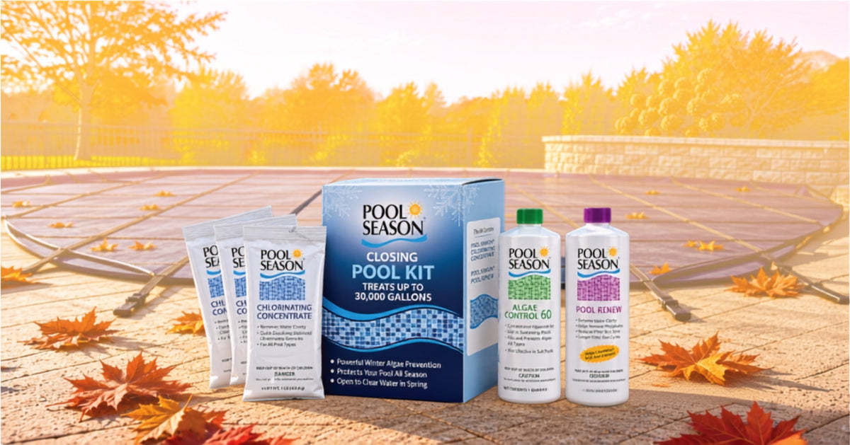 Pool Season closing kit on a covered pool in fall