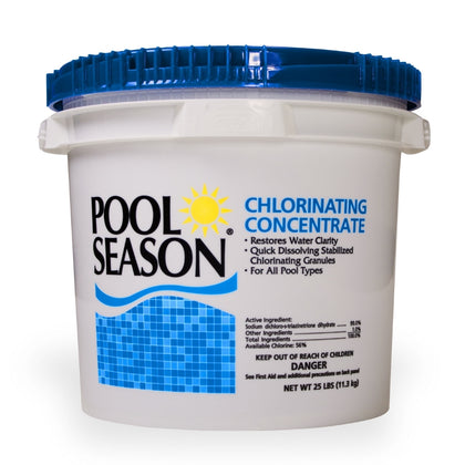 Pool Season chlorinating concentrate sanitizer and shock, 25 lb bucket