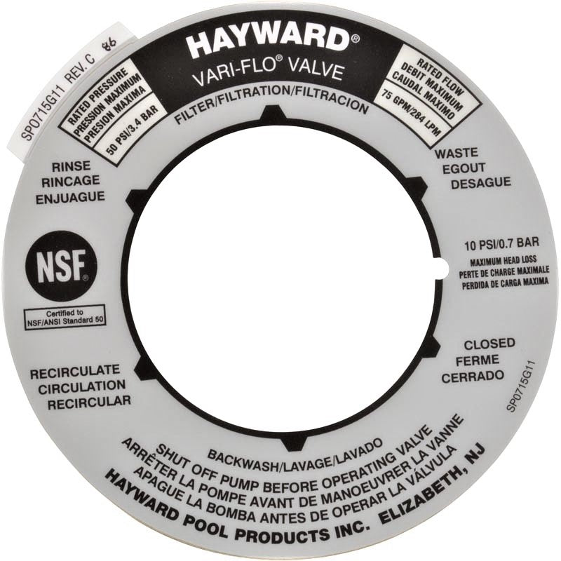 Hayward SPX0715G 2 in Vari-Flo valve label plate