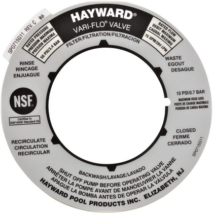 Hayward SPX0715G 2 in Vari-Flo valve label plate
