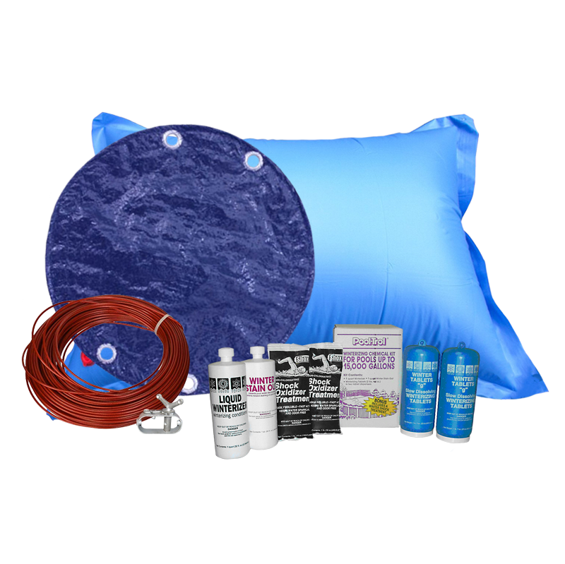 Royal 24 ft round solid winter cover bundle with 15k chemical kit and 4 ft by 8 ft air pillow
