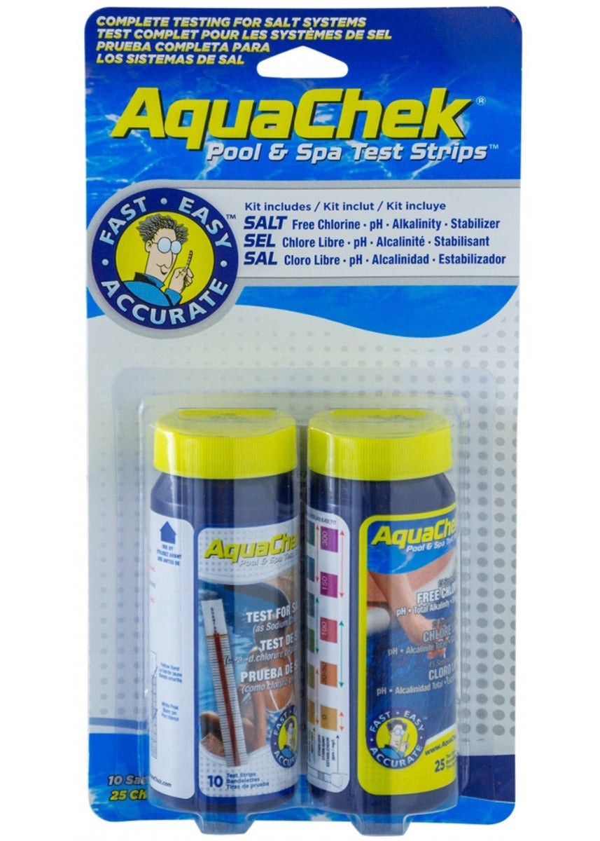 AquaChek 542228A salt system test kit with yellow 4 in 1 strips and white salt titrator strips