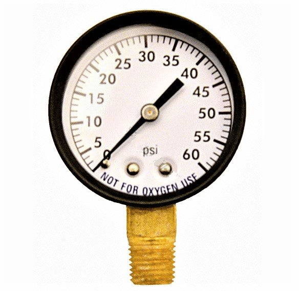 SuperPro 83060BU steel pressure gauge, 2 inch face, 60 psi, 1/4 inch bottom mount