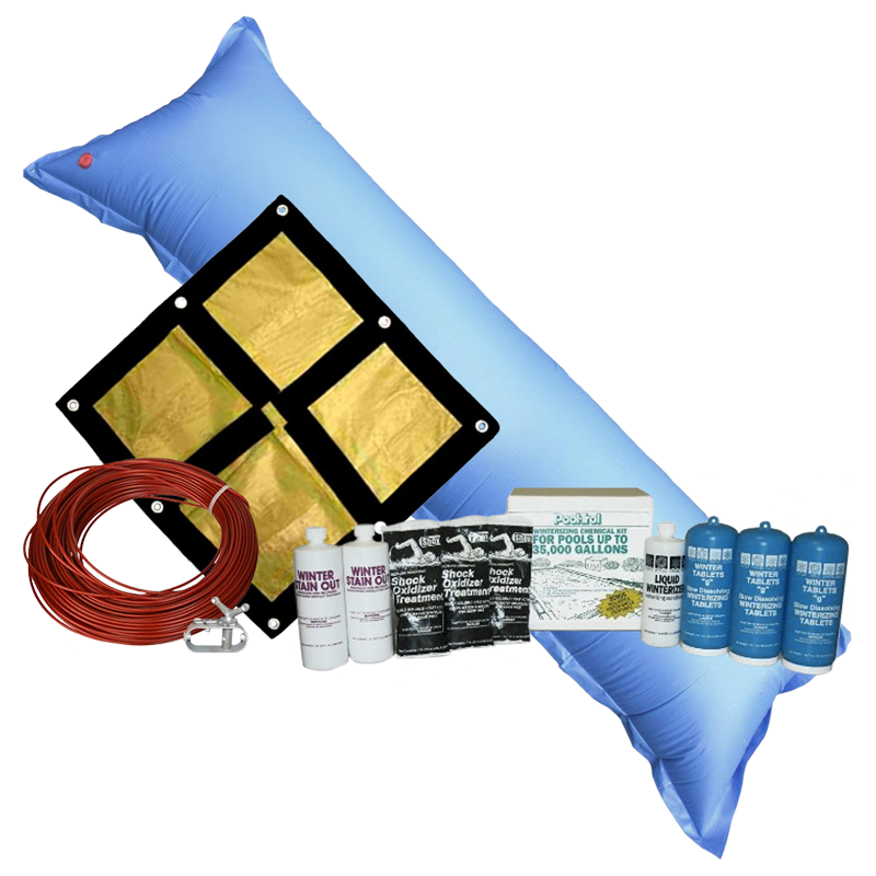 PoolTux Emperor 16'x32' oval solid winter cover bundle with chemical closing kit and air pillow