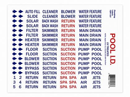 SP1107 pool plumbing and piping tag labels, one sheet