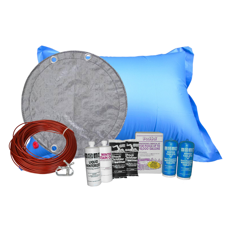 24 ft round solid winter cover bundle with chemical closing kit and air pillow