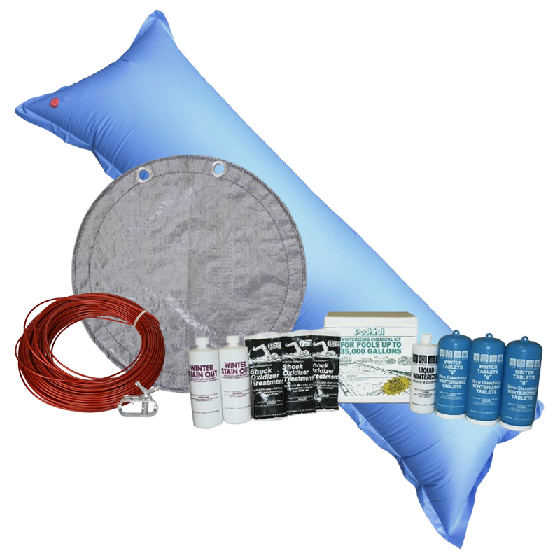 PoolTux King 33 foot round solid winter cover in silver on black on an above ground pool, bundled with a chemical closing kit and air pillow