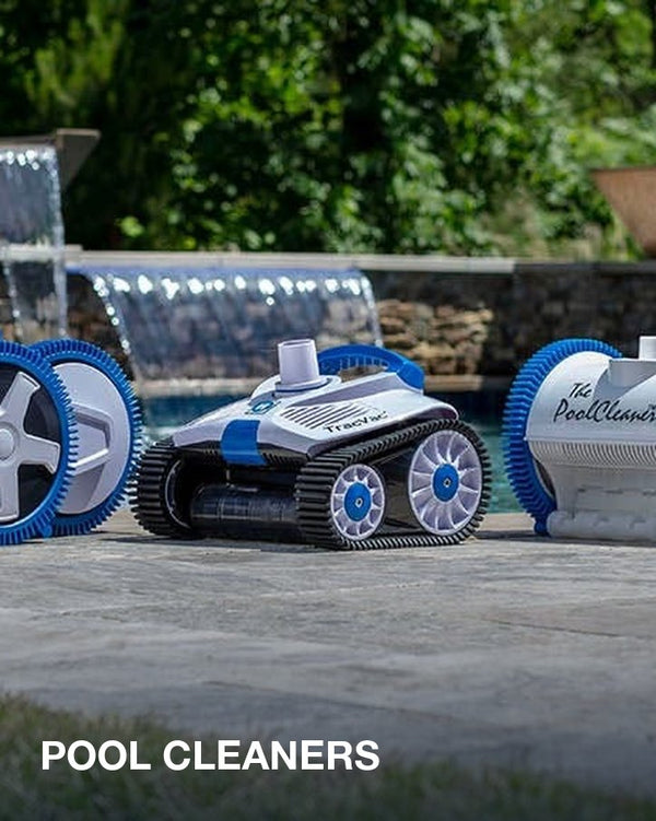 Pool cleaners: Hayward TracVac and PoolCleaner suction cleaners lined up on a pool deck