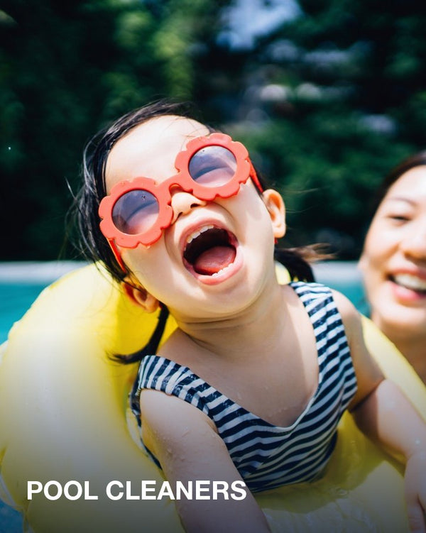 Pool cleaners: a toddler in flower sunglasses laughing in a yellow ring, held by her mother