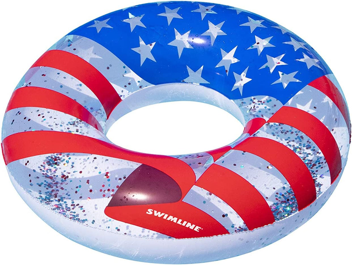 Swimline 90199 Americana glitter inflatable pool ring with red white and blue glitter