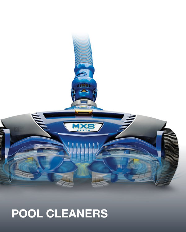 Pool cleaners: a Zodiac MX8 Elite suction cleaner on a wet pool deck