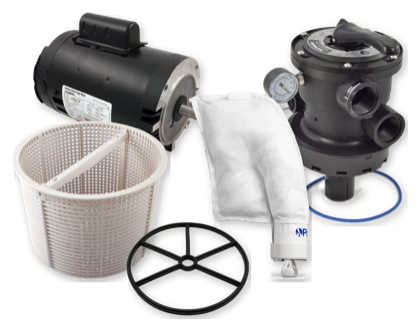 Pool pump motor, skimmer basket, spider gasket, cleaner bag and multiport valve