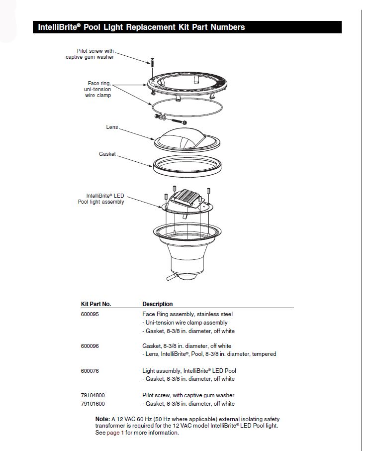 Pentair Intellibrite COLOR Pool Light for Inground Pools | LED 120V 50 ft Cord 5G Color | 601001 Parts Schematic