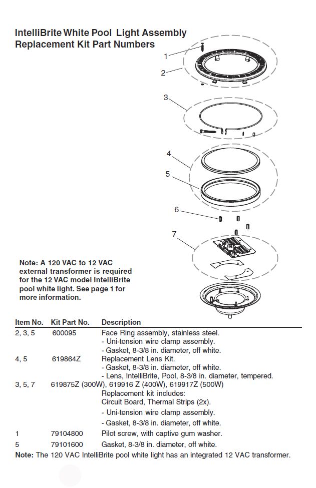 Pentair Intellibrite 5G WHITE Pool Light for Inground Pools | 120V LED 400W 50' Cord | 601201 Parts Schematic