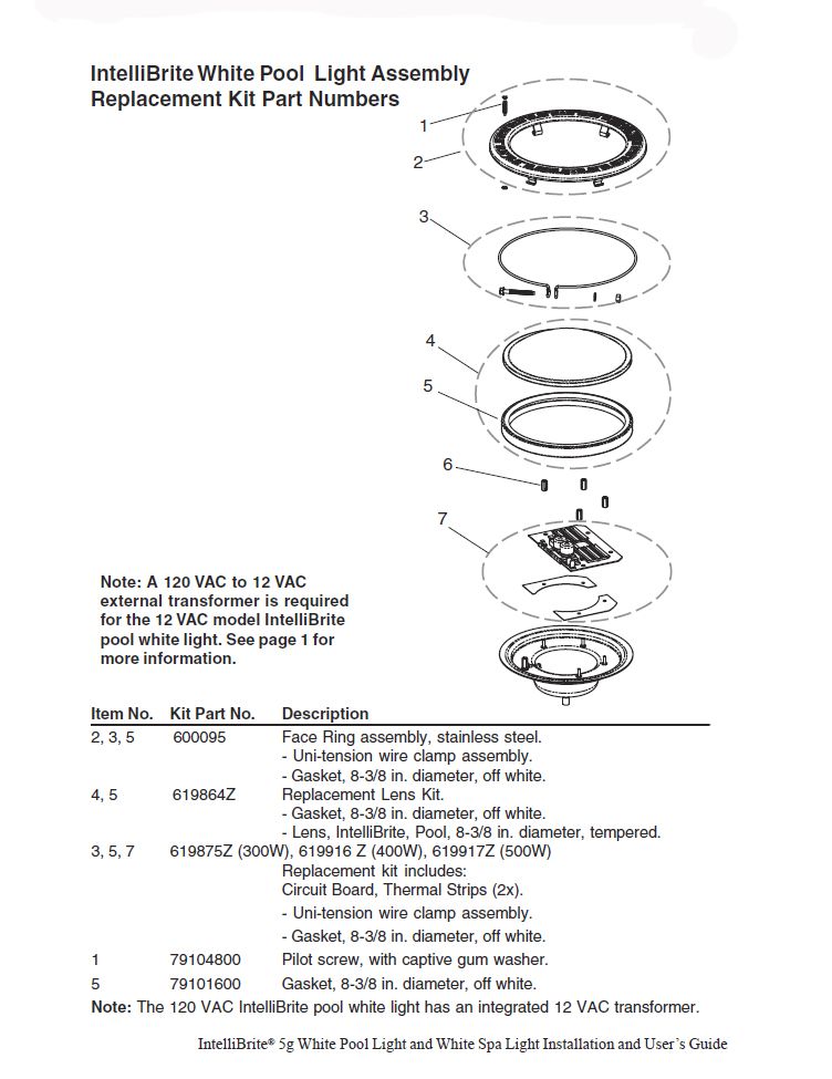 Pentair Intellibrite 5G WHITE Pool Light for Inground Pools | 12V LED 500W 30' Cord | 601305 Parts Schematic