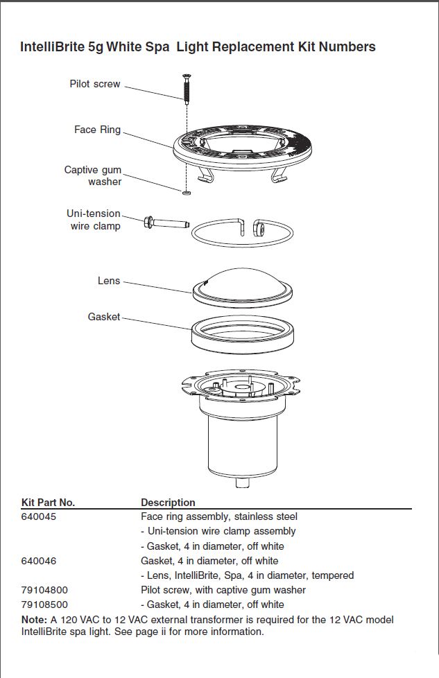 Pentair Intellibrite 5G WHITE Spa Light | 120V LED 100W 30' Cord | 640140 Parts Schematic