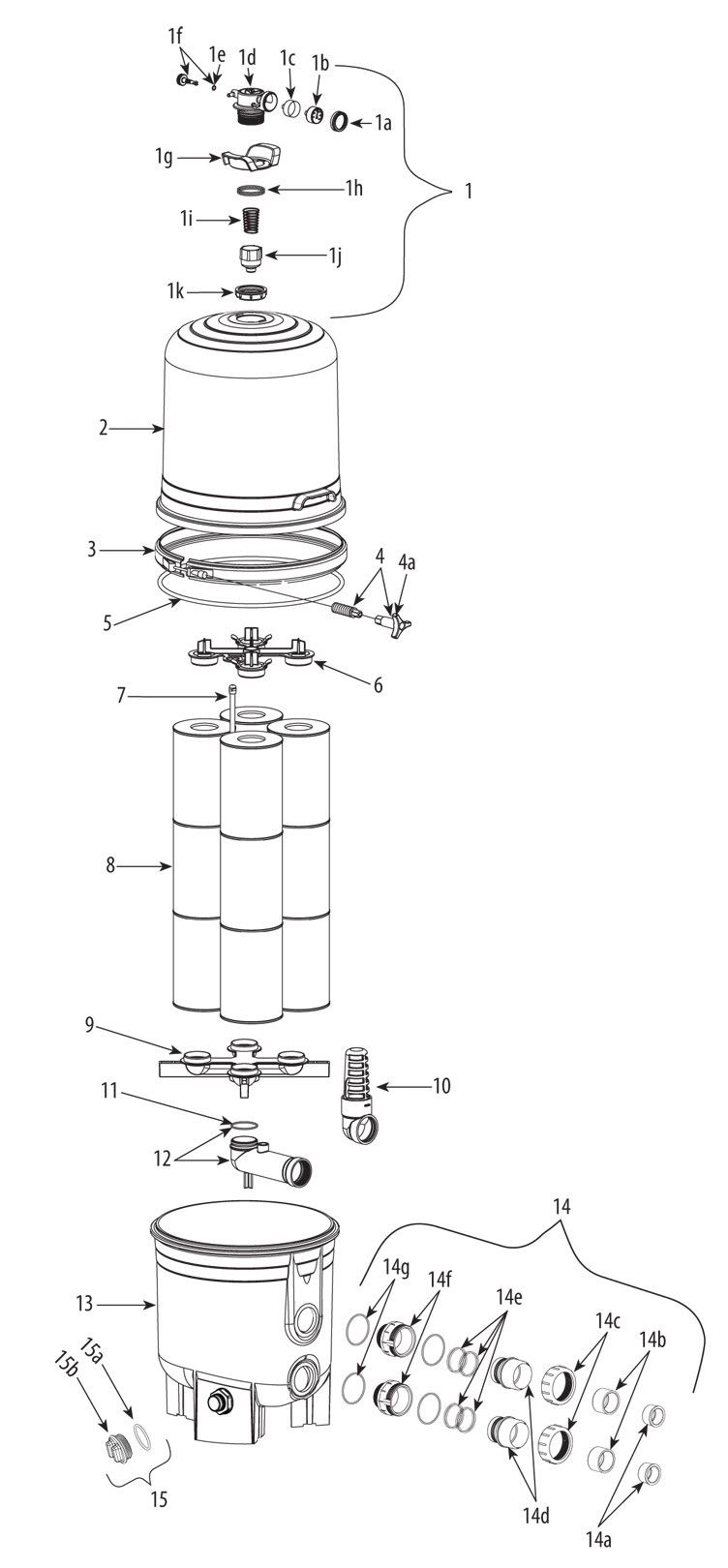 Waterway Crystal Water Cartridge Filter 425 Sq Ft Grey | 570-0425-07 Parts Schematic