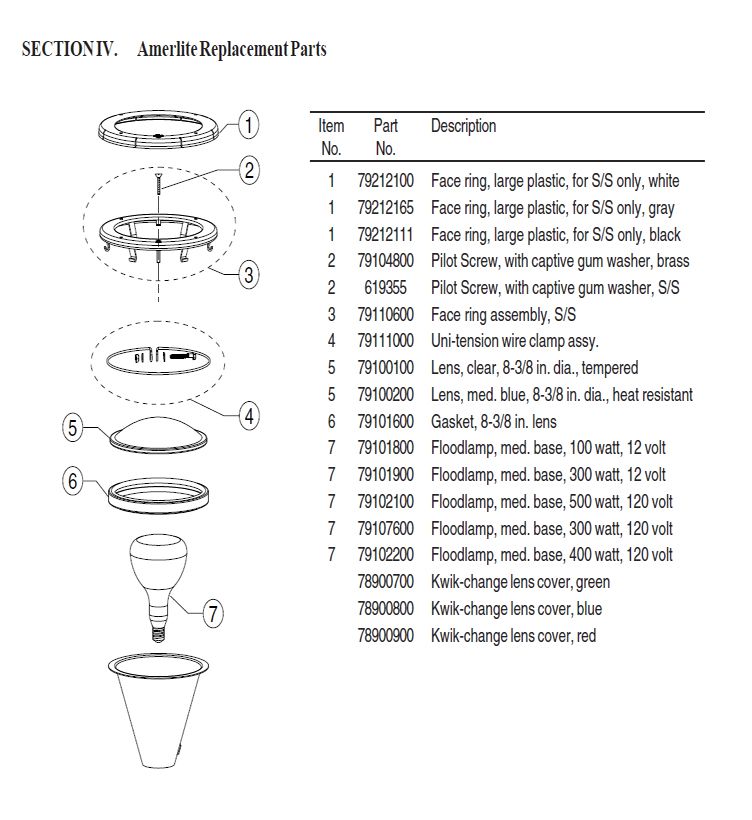 Pentair Amerlite Pool Light for Inground Pools with Stainless Steel Facering | 300W, 120V, 15' Cord | 78421100 Parts Schematic