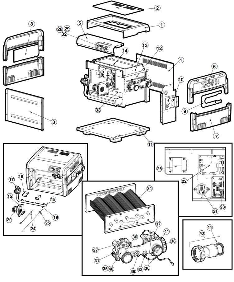 Hayward Universal H-Series Low NOx Induced Draft Pool & Spa Heater | 250,000 BTU | Natural Gas | W3H250FDN Parts Schematic