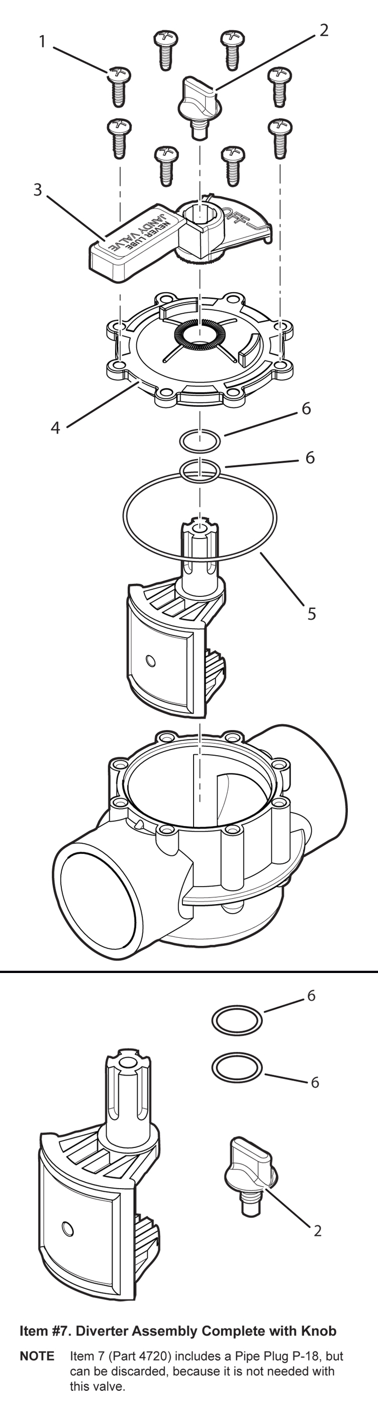 Jandy Pro Series Never Lube Standard Diverter 1 1/2" 2" Positive Seal 2 Port Valve | 4724 Parts Schematic