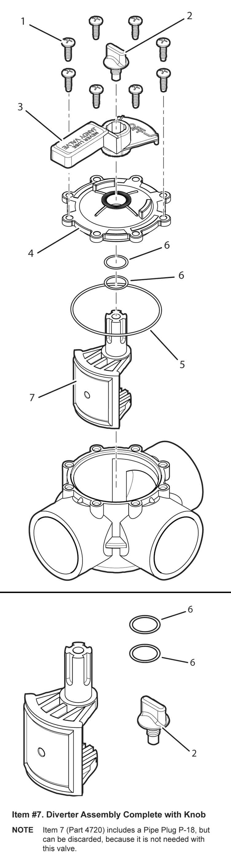 Jandy Pro Series Never Lube Standard Diverter 1 1/2"- 2 Positive Seal 3 Port Valve | 4715 Parts Schematic