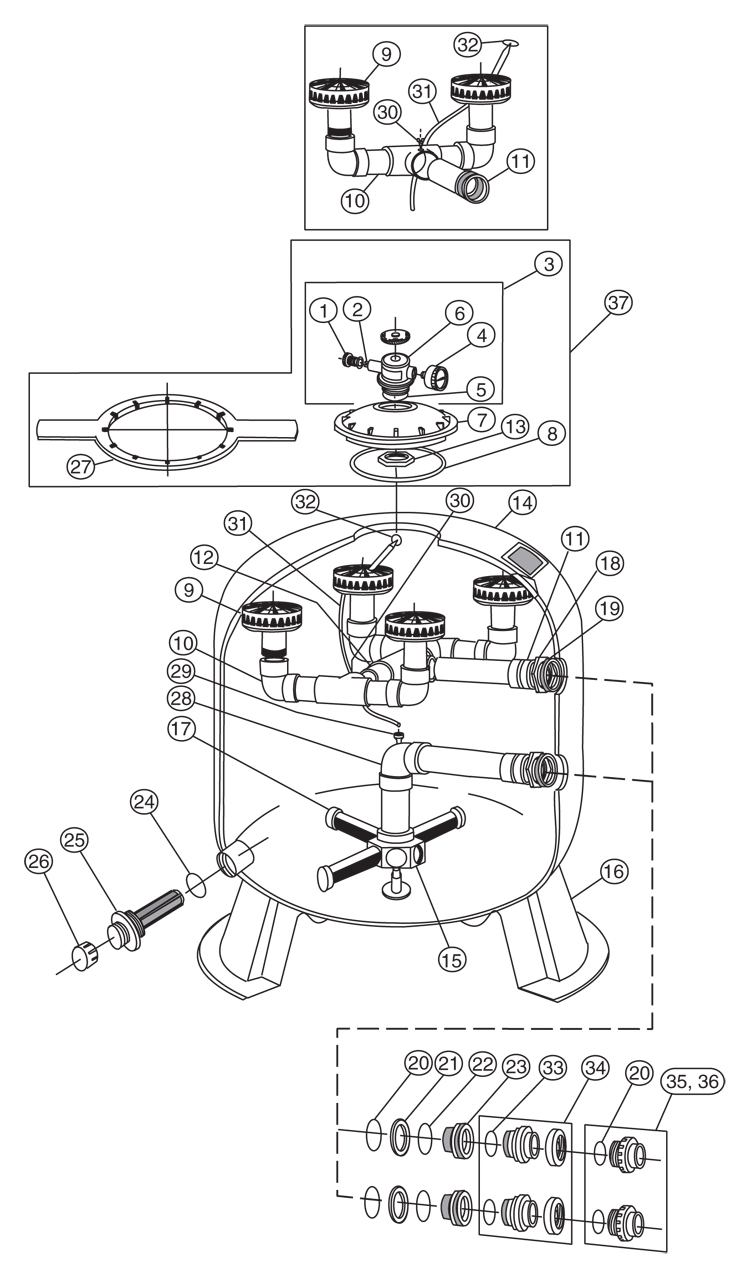 Pentair  Triton II TR 30 " Fiberglass Sand Filter | Backwash Valve Required-Not Included | TR100C 140315 Parts Schematic