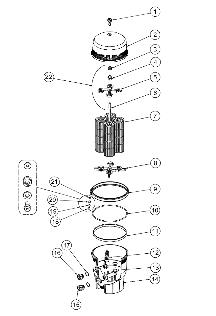 Pentair Quad DE Hight Flow Filter | 60 Sq Ft | 120 GPM | EC-188592 Parts Schematic