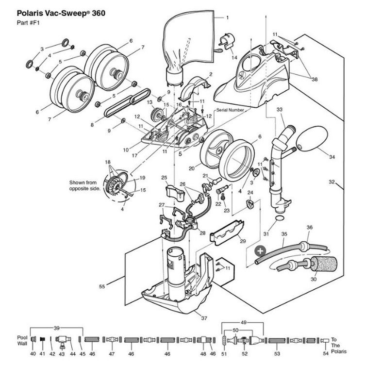 Polaris 360 Automatic Pool Cleaner BLACK MAX | Includes Hose and Back-up Valve | F1B Parts Schematic