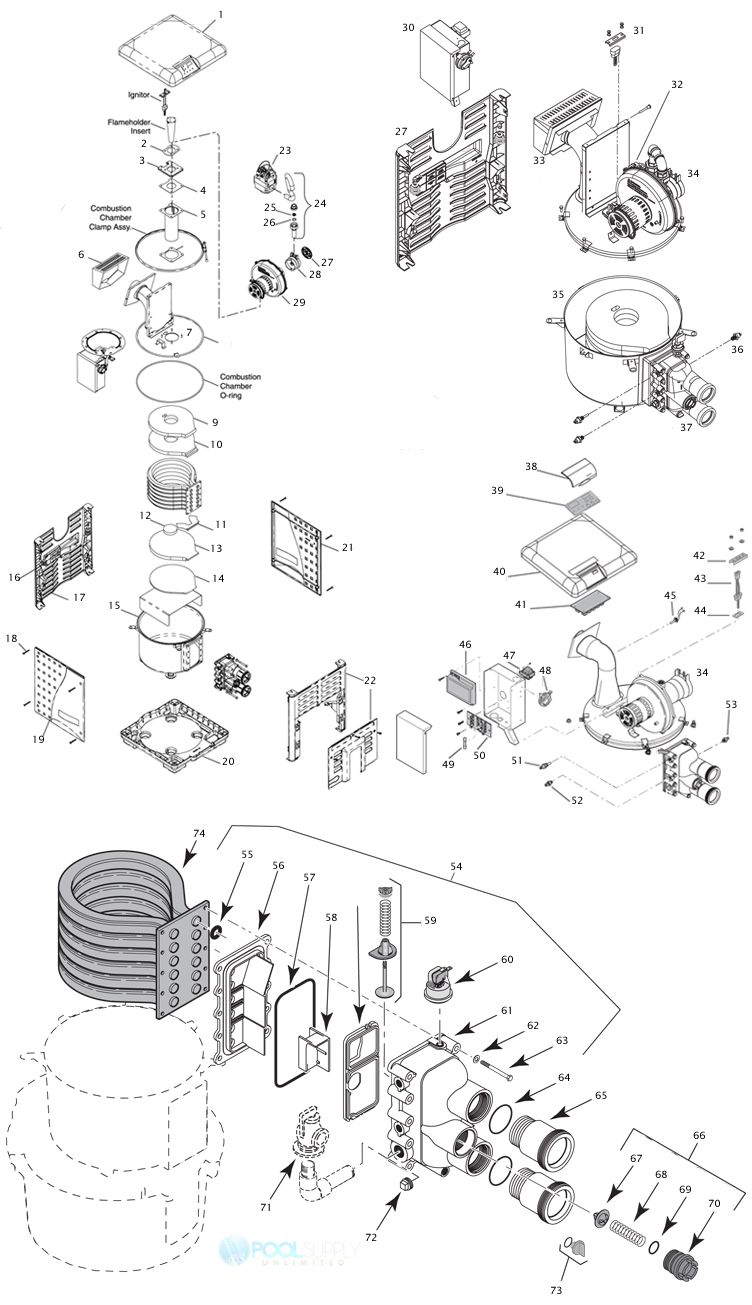 Pentair MasterTemp Low NOx Pool & Spa Heater - Dual Electronic Ignition - Natural Gas - 200000 BTU - 460730 Parts Schematic