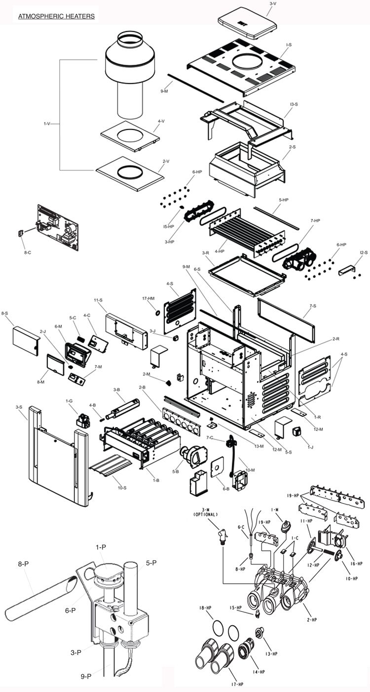 Raypak Analog Natural Gas Pool Heater 200k BTU | Millivolt Standing Pilot | P-R206A-MN-C 009192 P-M206A-MN-C 009906 Parts Schematic