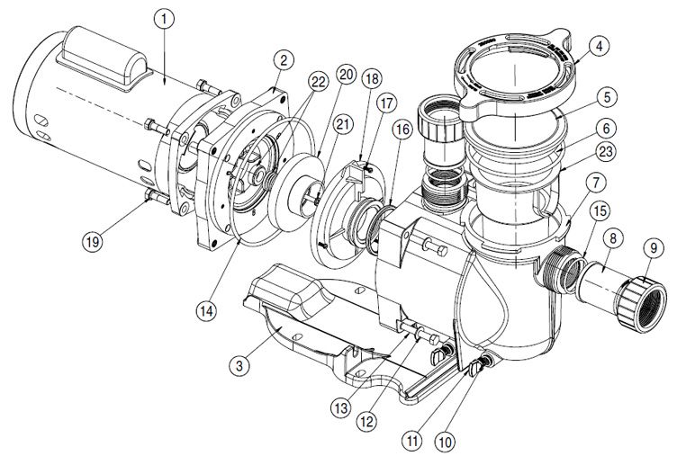 Pentair PHK2RAA6G-105L Supermax Pump 2.5HP UR 230V Parts Schematic