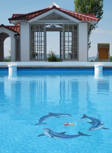 Custom Mosaics Aqua Decal Graphics Triple Dolphin Group Sm (3) 16inches x 7inches | LX-GROUP-17 B
