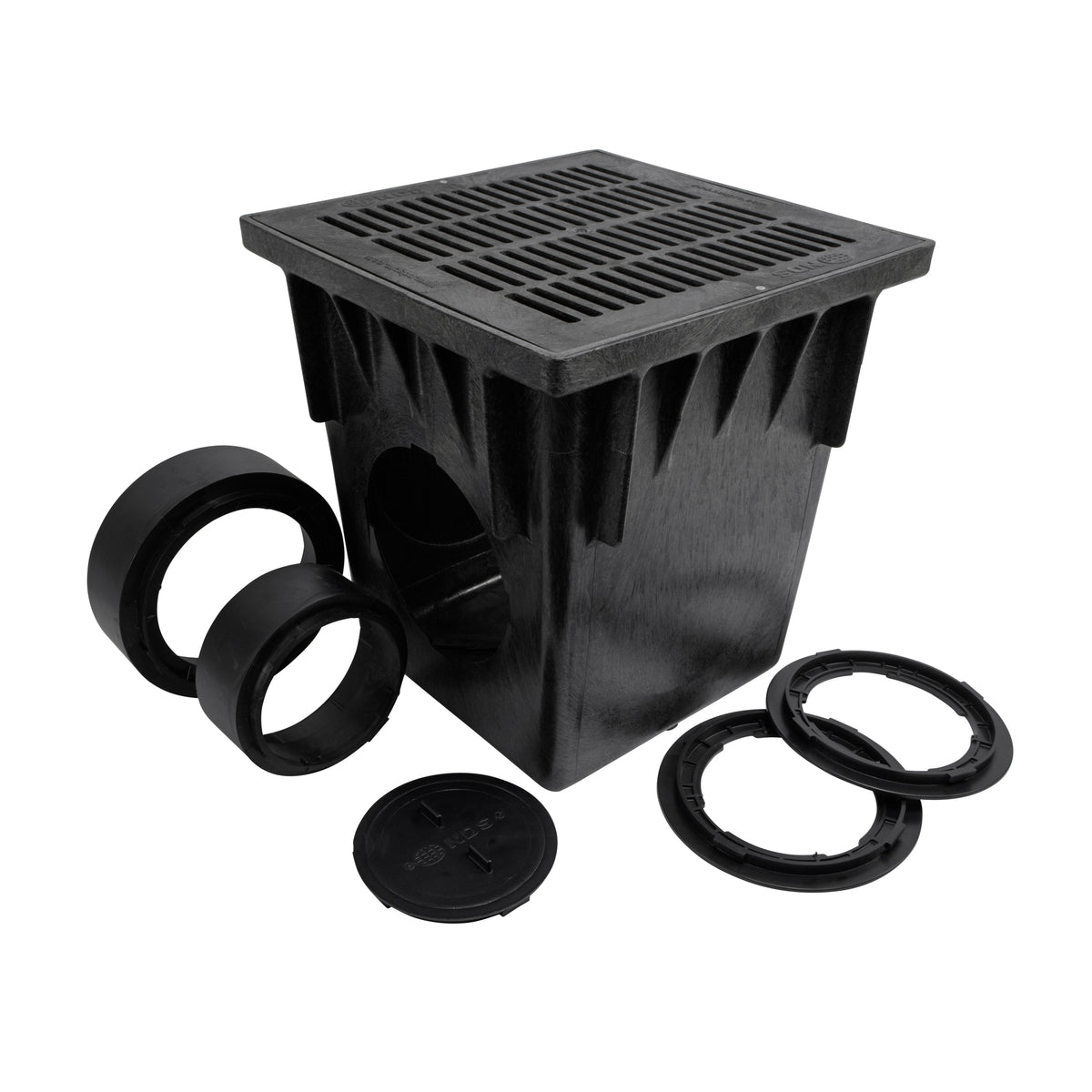 NDS 1882BLKIT, 18" Black Square Catch Basin Drain Kit With Black Plastic Grate