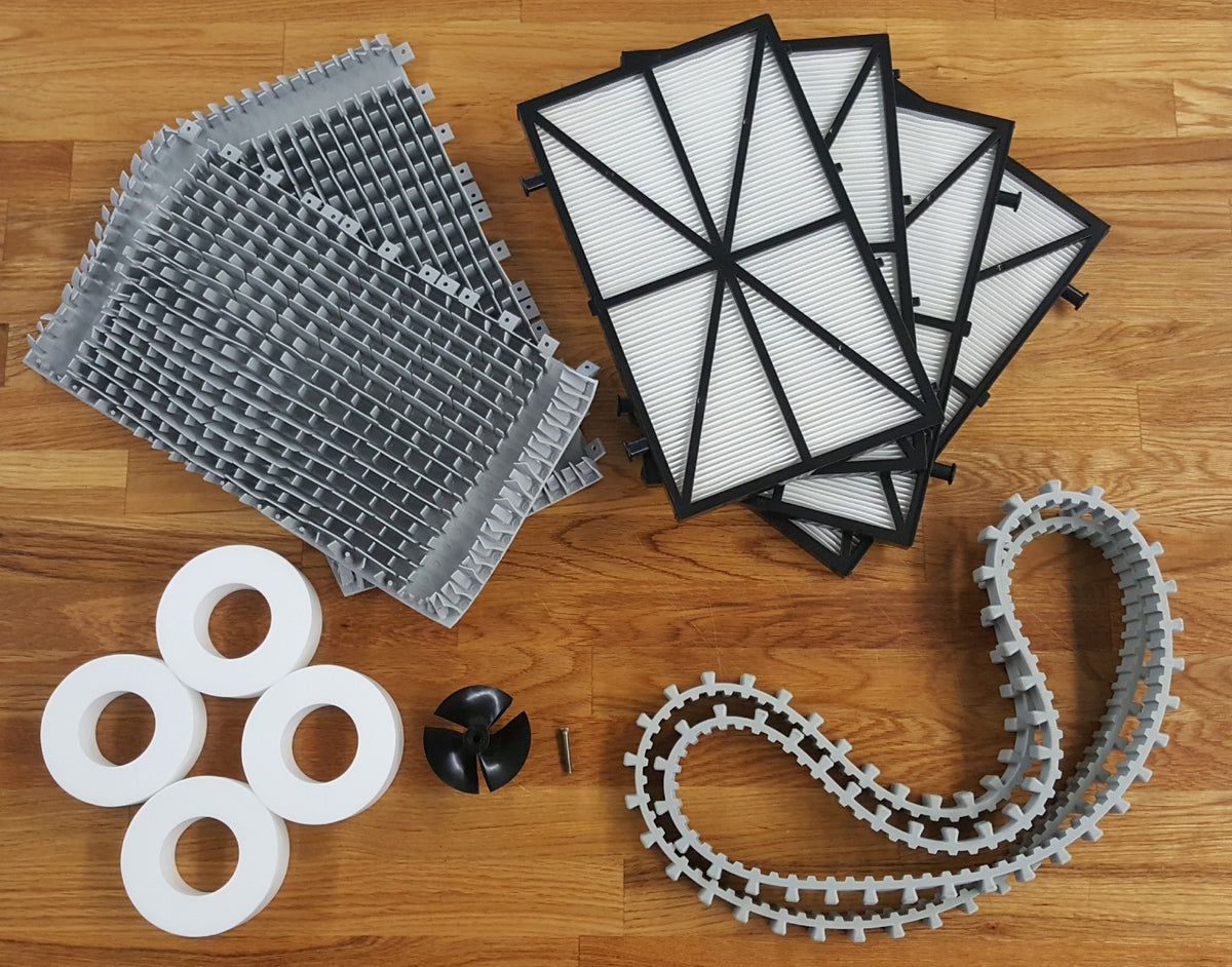 Maytronics Dolphin Nautilus CC Plus tune-up kit contents: tracks, brushes, foam climbers, impeller and ultra fine filters