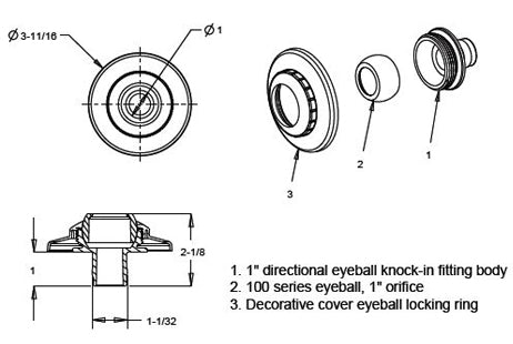 AquaStar Three-Piece Directional Eyeball Fittings 1" Knock-In with Flange Light Gray | 5103