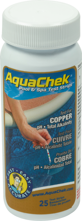AquaChek Copper 3-in-1 pool and spa test strips bottle, front label