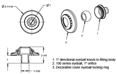 AquaStar Three-Piece Directional Eyeball Fittings 1" Knock-In with Flange | White | 5101