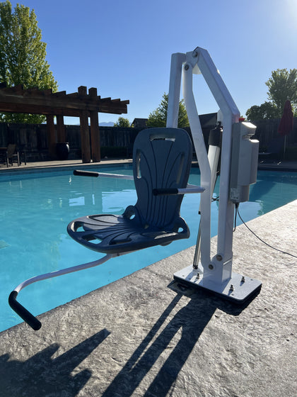 Spectrum Aquatics Aqua Buddy V2 1730116 white ADA pool lift with seat, flip-up armrests and footrest
