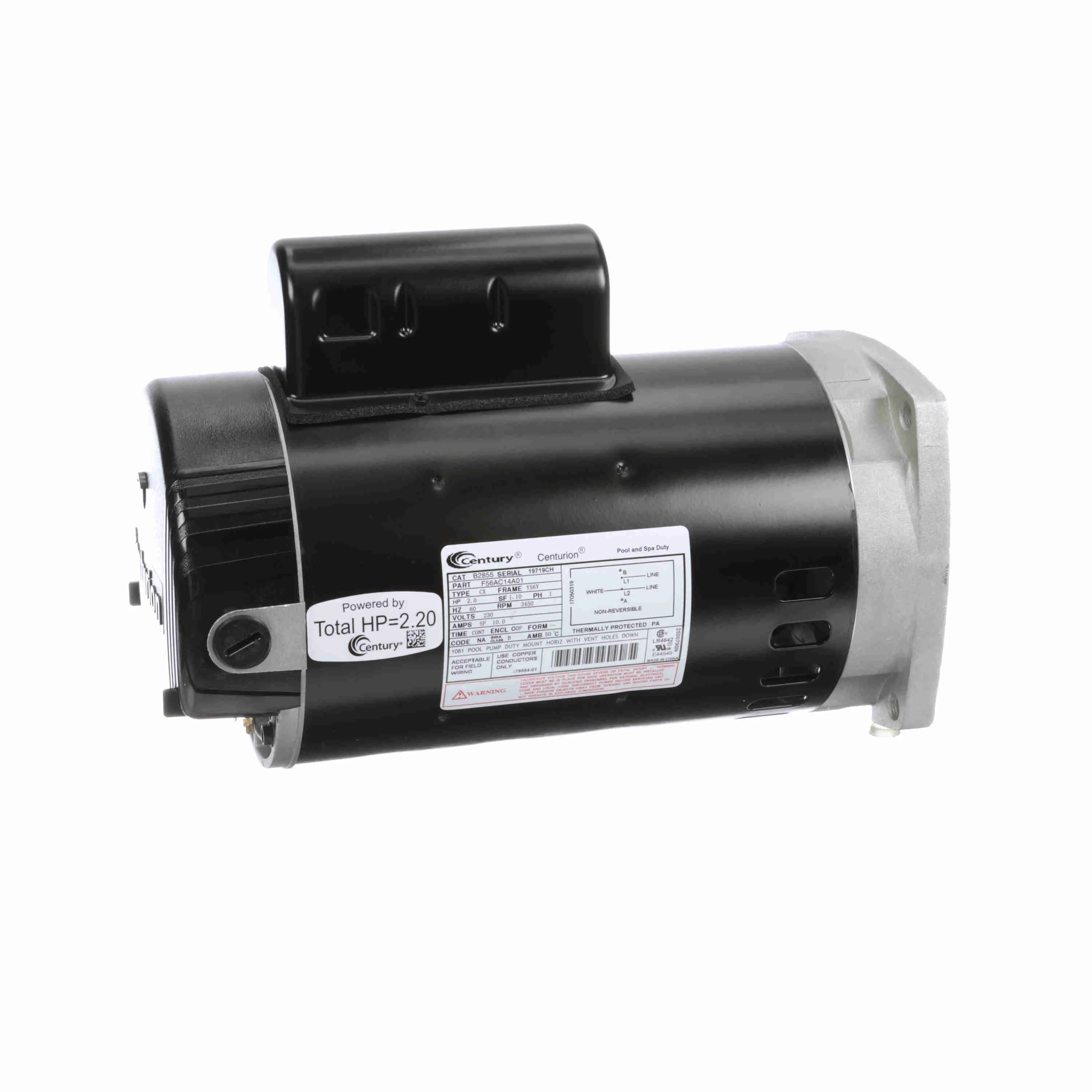 Century B2855 pool pump motor, side view showing the nameplate