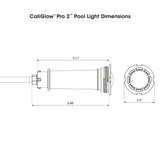 Dimension drawing of the CaliGlow Pro 2 inch pool light, 5.48 inches long with a 2.2 inch face