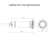 Dimension drawing of the CaliGlow Pro 2 inch pool light, 5.48 inches long with a 2.2 inch face