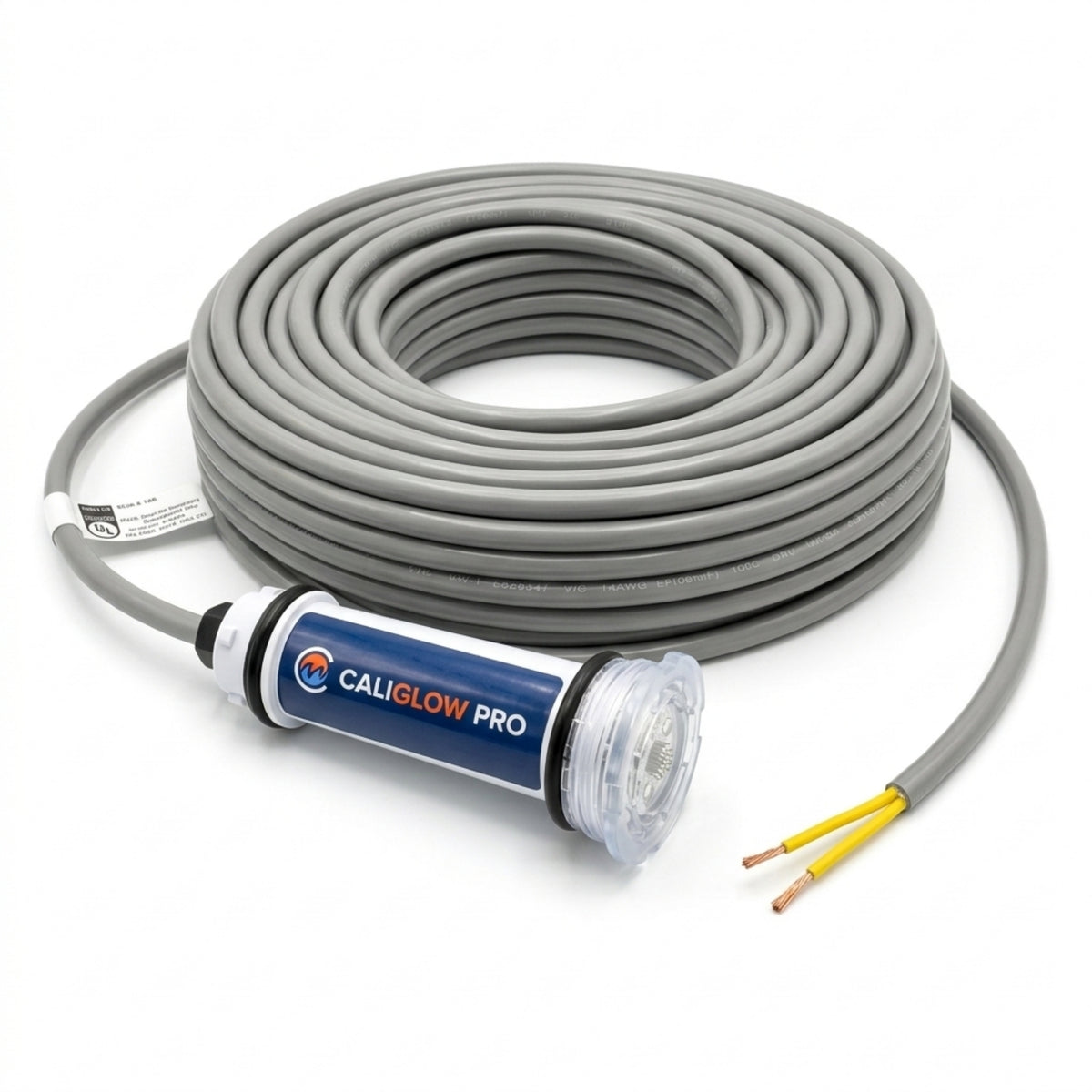 CaliMar CaliGlow Pro nicheless LED pool light with its 50 foot cord coiled beside it