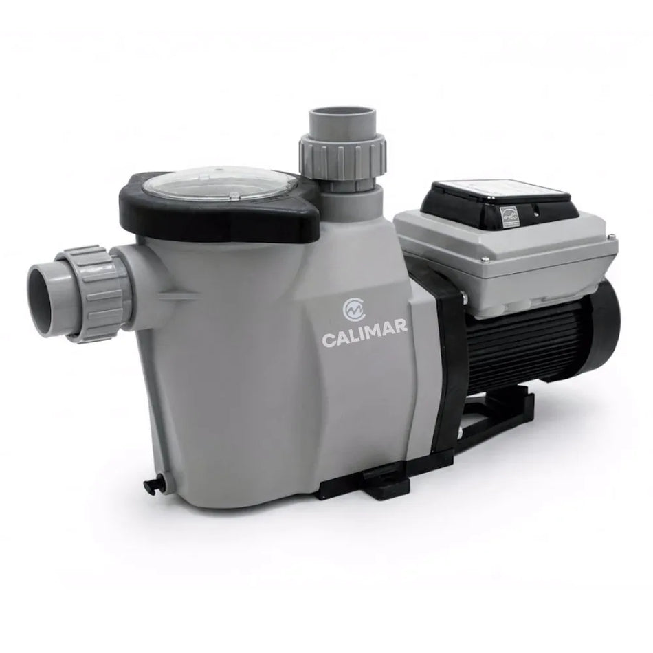 CaliMar CMARVSP1.0 variable speed pool pump with clear strainer lid, 2 in. union connections and top mounted drive housing