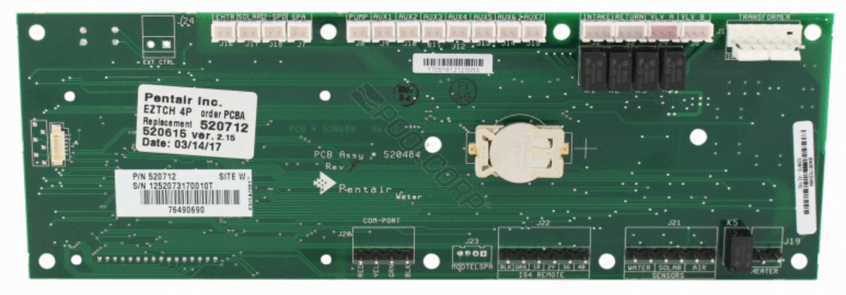 Pentair 520712 single body UOC motherboard with 4 auxiliary circuits for EasyTouch