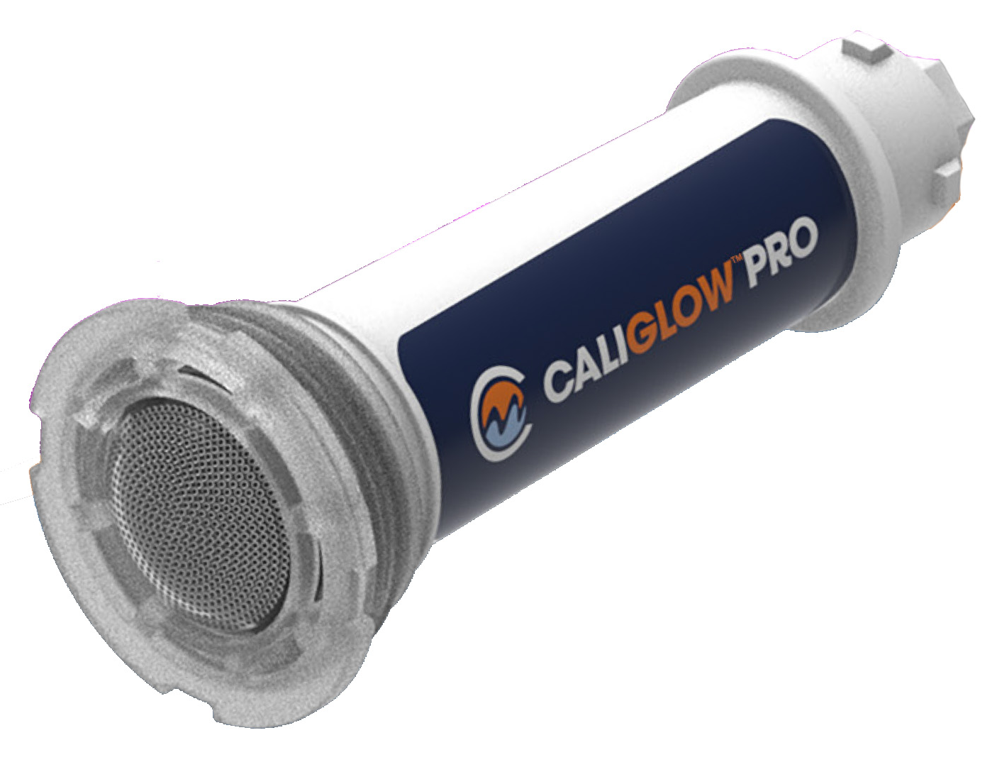 CaliGlow Pro fixture at an angle showing the stainless heatsink body and threaded wall fitting