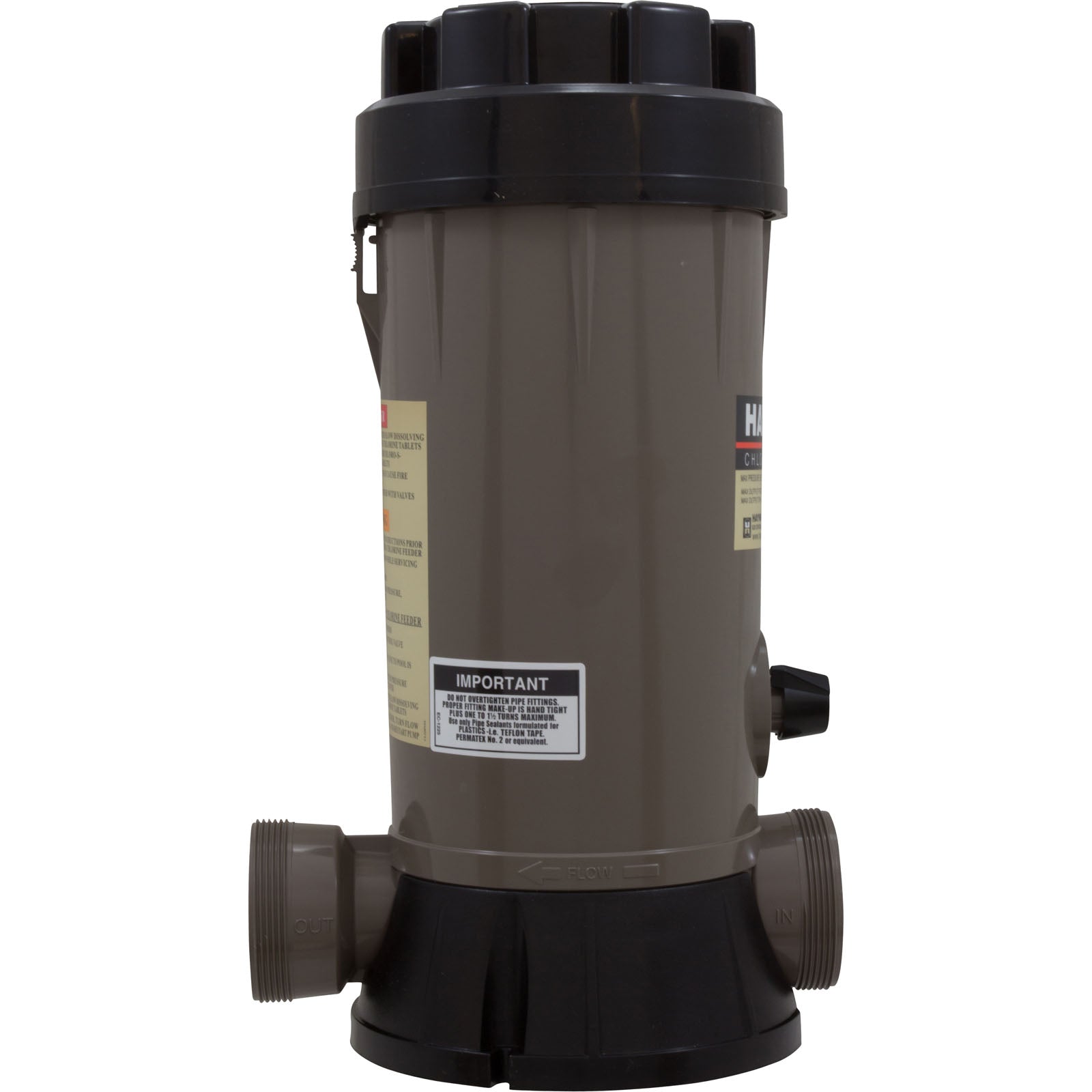 Hayward CL200EF in-line chlorinator, side view showing the inlet and outlet