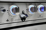 Mont Alpi MAi805 grill with the hood open showing the stainless cooking grids